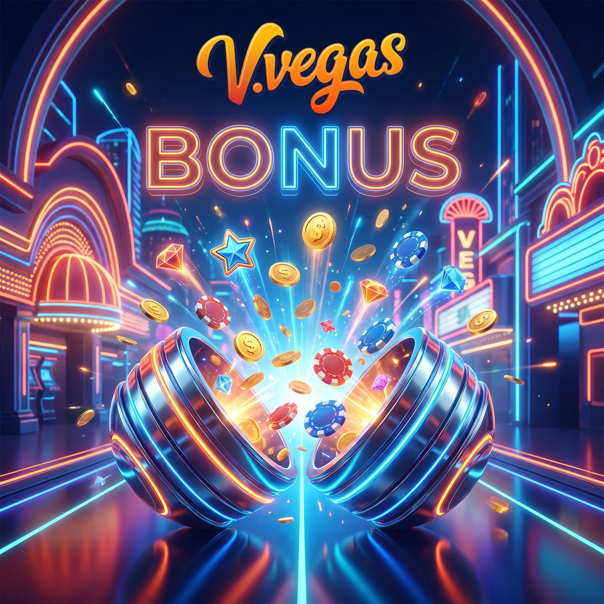 V.Vegas Bonusmotiv mit Jetons und Neonlichtern