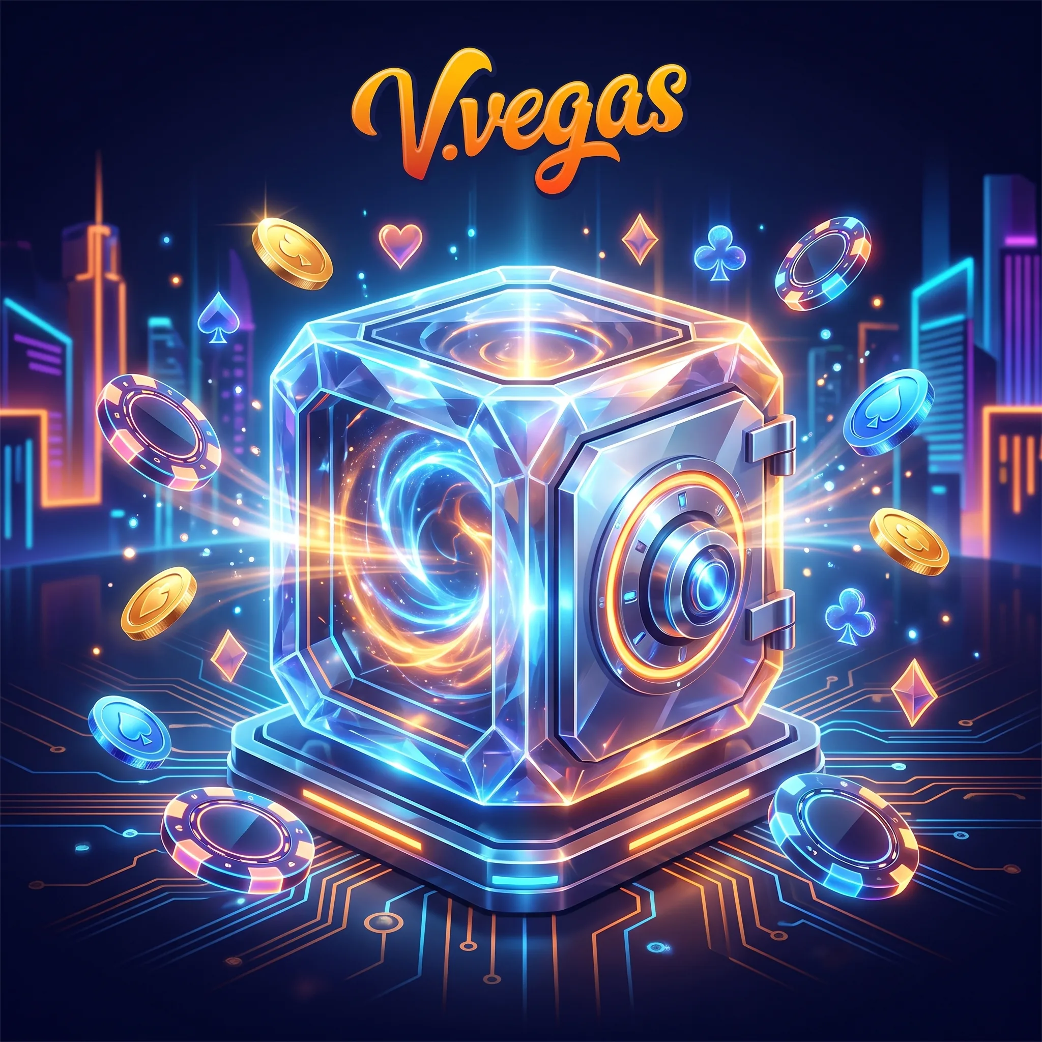 V.Vegas Tresor mit Spielkarten-Symbolen und Jetons