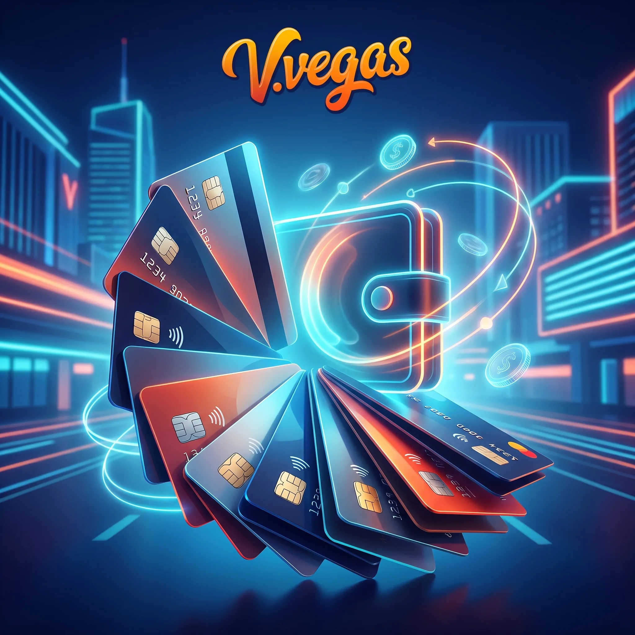 V.Vegas Zahlungsmotiv mit Karten und einer digitalen Geldbörse