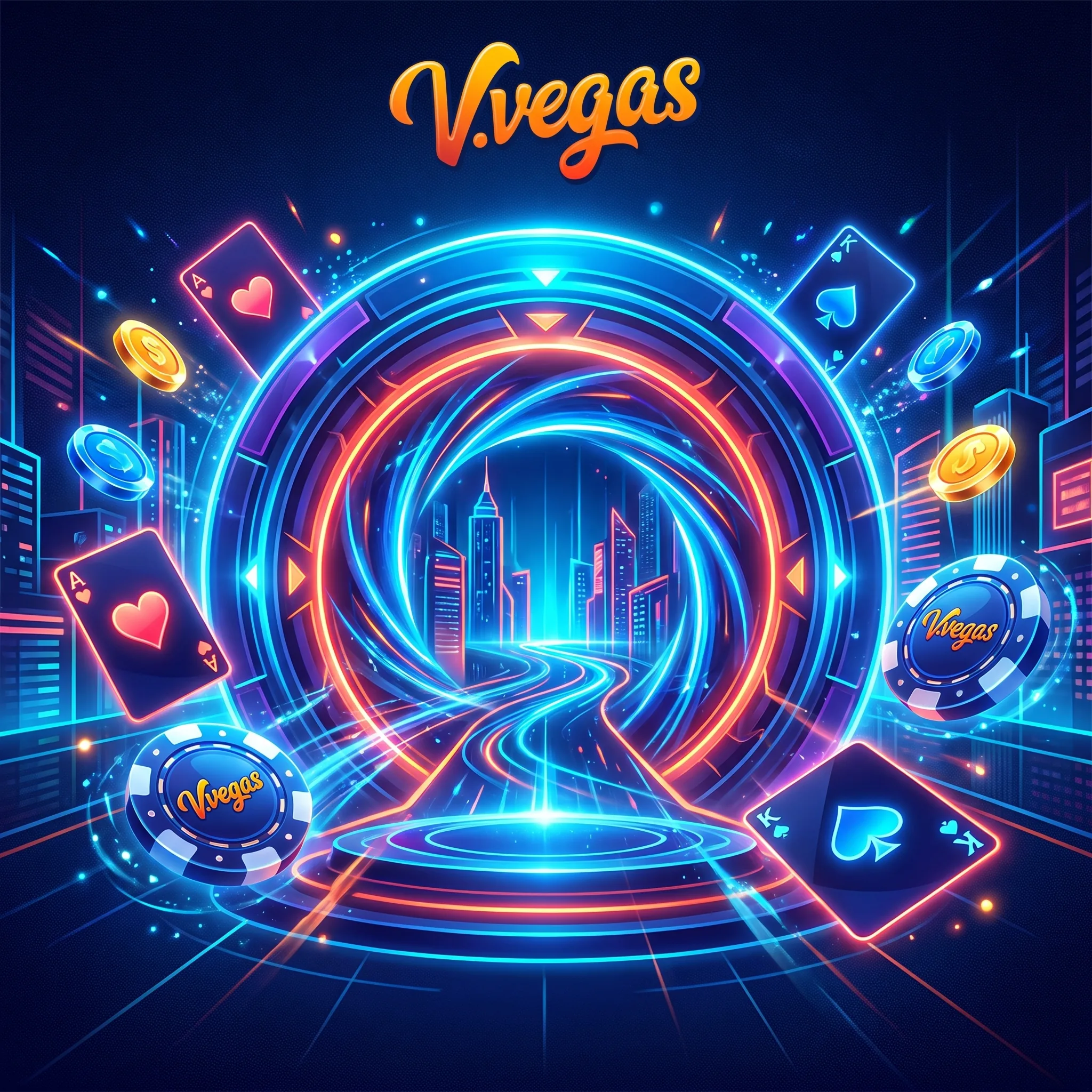 V.Vegas Casino-Portal mit Spielkarten und Jetons