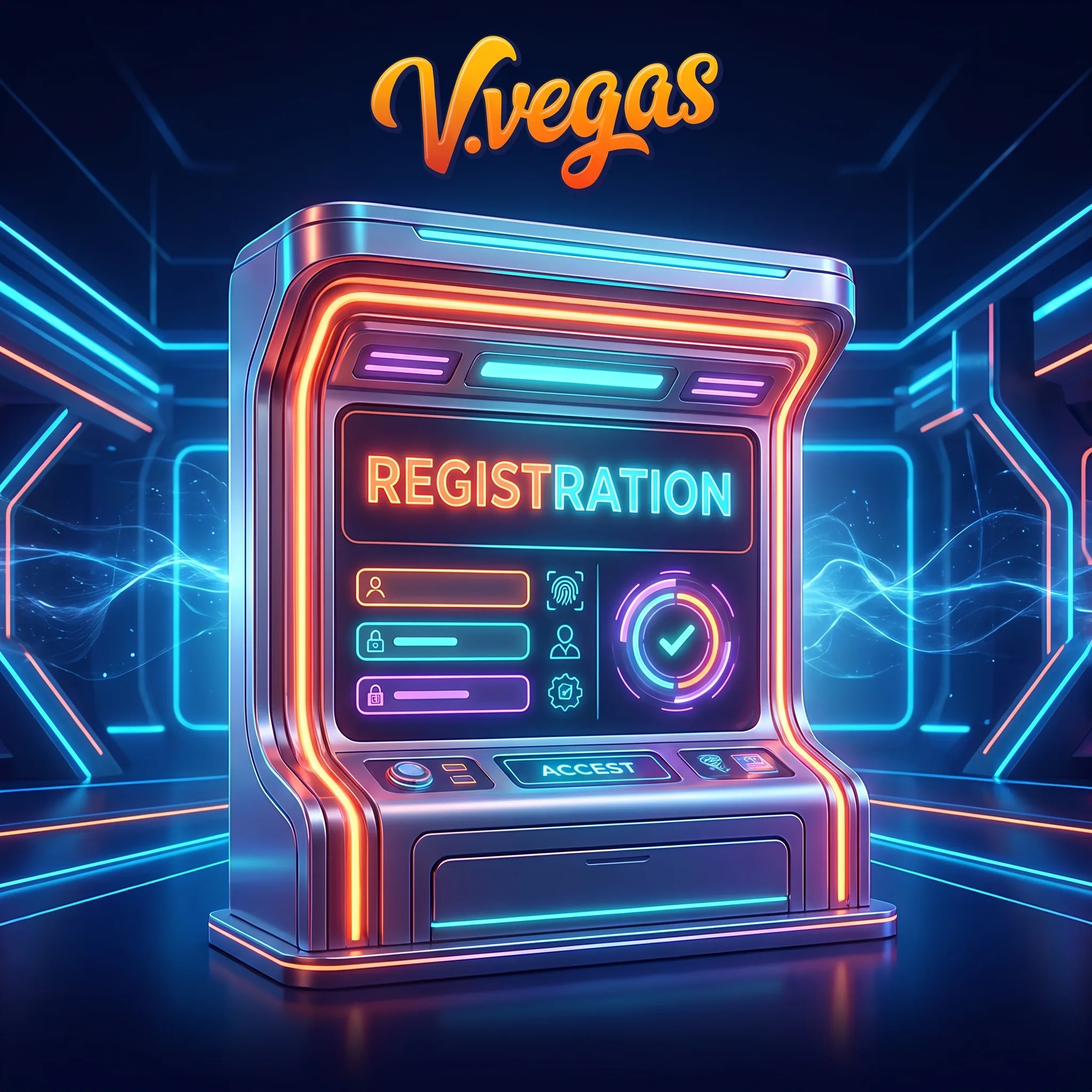V.Vegas Registrierung an einem neonbeleuchteten Terminal